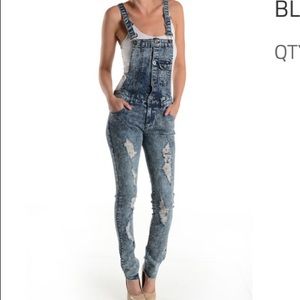 Blue Jean Stonewashed Distressed Jumper Overalls